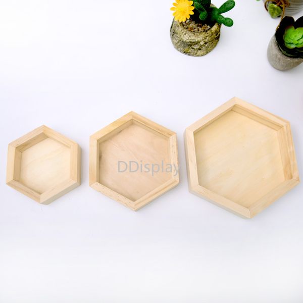 

[ddisplay] natural solid wood hexagonal jewelry display necklace storage tray earrings holder tray ring jewelry organizer box, Black