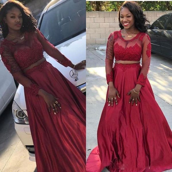 

arabic black girls prom dresses burgundy evening gown lace appliques illusion long sleeves two pieces party wear