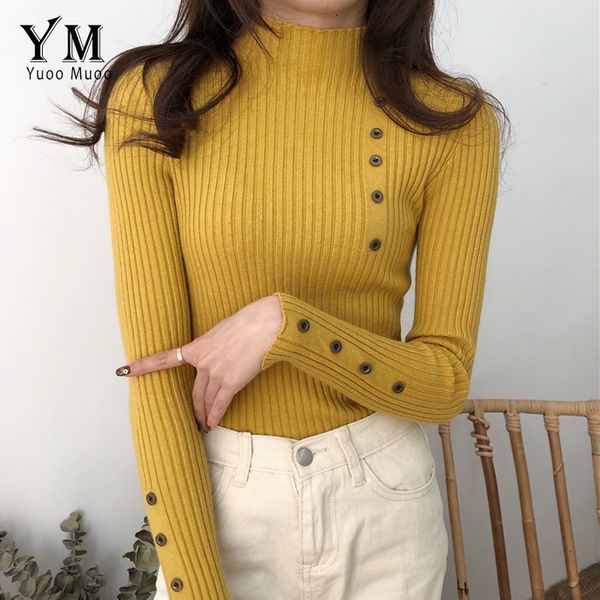 

yuoomuoo turtleneck autumn winter women sweater button design long sleeve pullover jumper women sweater knitted pull femme, White;black