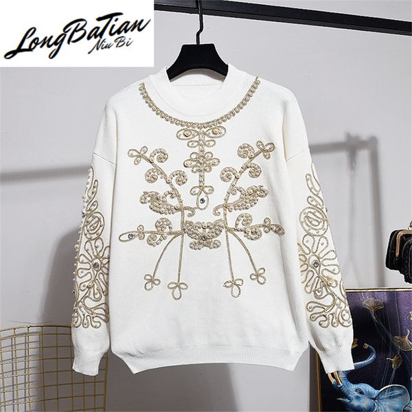 

two piece dress spring autumn knit set beading flowers tracksuit female knitted sweater long pants suit 2pc women knitting outf, White