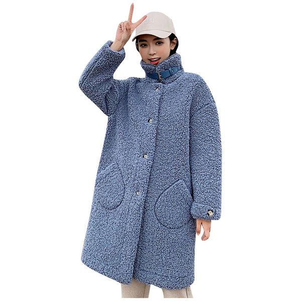 

women's down & parkas fashion solid coat color high collar autumn winter warm long button loose pocket jacket soft elegant outwear, Black