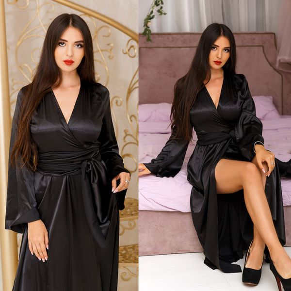 Cheap sexy black cetim mulheres camisola senhoras v pescoço sleepwear com mangas compridas vestes de casamento personalizadas roupões de banho