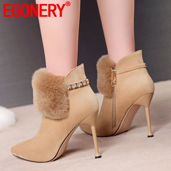 

egonery winter new fashion ankle boots outside super high heels boots pointed toe flock zip women shoes drop shipping size 33-40, Black