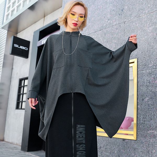 

johnature мода нерегулярные batwing plus куртки 2019 новые сплошной цвет молнии карманы свободные весенние женские пальто серый черный, Black;brown
