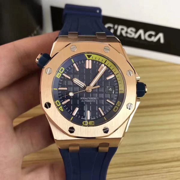 

high selling luxury watch rose gold stainless steel case with color rubber watchband automatic mechanical 15710st men wens watch watches, Slivery;brown