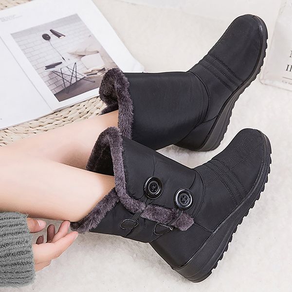 

women's boots winter silk buckle strap non slip snow boots for ladies tpu fashion ankle woman wedges casual short plush, Black