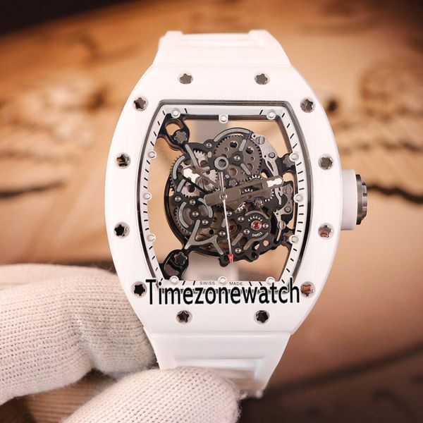 

Лучшее издание 43 мм RM055 Белые нано-керамические композиты Скелетон Miyota Автоматические мужские часы Белые резиновые часы Timezonewatch Новый E14b2