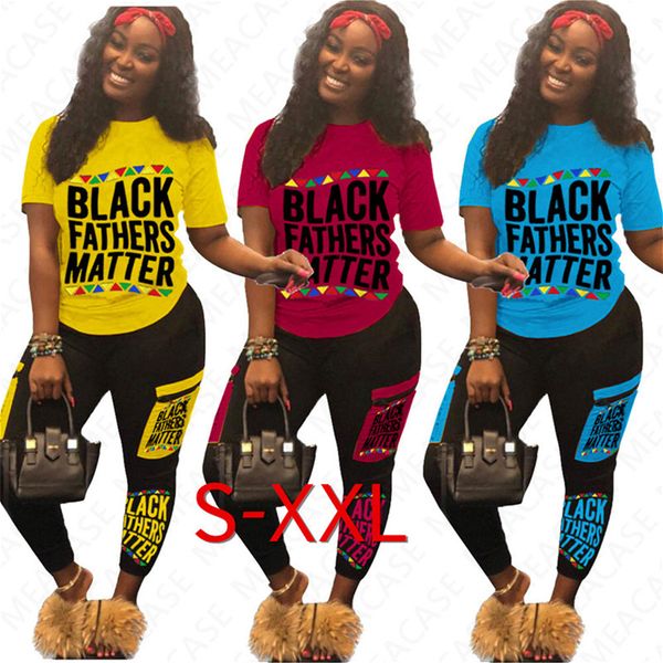 

women black fathers matter tracksuit letters pullover t-shirt + patchwork pants leggings sport suit summer two piece outfits d7105, White
