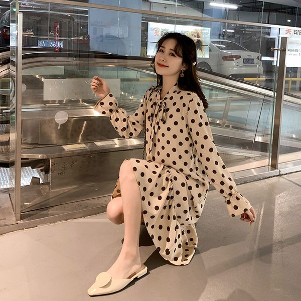 

беременные женщины весна с длинным рукавом лук воротник шифон платье плюс размер материнства горошек труба платье сладкий свободный русалка, White