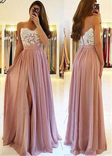 

2019 arabic blush pink chiffon lace appliques a-line beach bridesaid dresses sleevele spaghetti wedding guest dresses high split party gowns, Blue;red