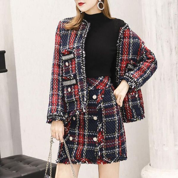 

skirt suits women runway designer elegant office ladies formal tweed wool plaid blazer jacket mini skirt 2 piece set 2019 winter, White;black