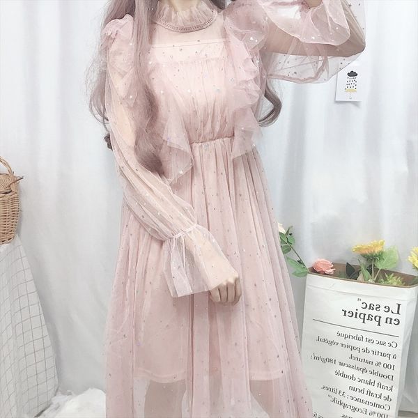 

korean elegant party tulle dress women japanese lolita ruffle mesh long sleeve pink girl princess midi galaxy tutu dresses set, Black;gray