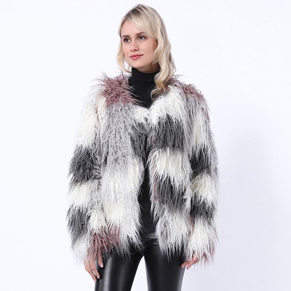 

zadorin 2019 winter warm fluffy soft women faux fur coat mix color long sleeve fluffy fur jacket luxury coats female outerwear, Black