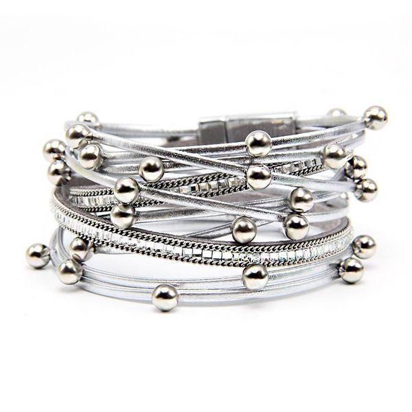 

new fashion pu rhinestone bead magnetic buckle leather bracelet jewelry 38cm winding bracelet anniversary gift for women, Black