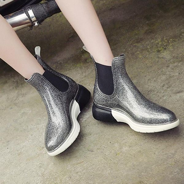 

women fashion platform keep warm snow boots short rain boots slip-on stretch fabric flashing waterproof shoes woman snow, Black