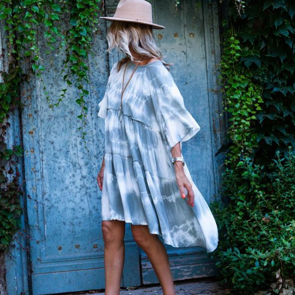 

amazon speed sell pass style printing fold in europe and the inclined shoulder sleeve dress in women' clothing, Blue;gray