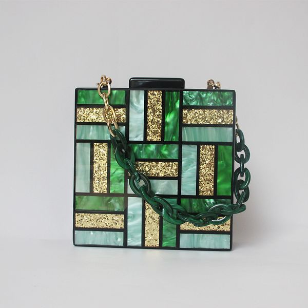 

new fashion women evening bag cute green gold acrylic chain handbags luxury square party wedding bags casual vintage box clutch mx200327