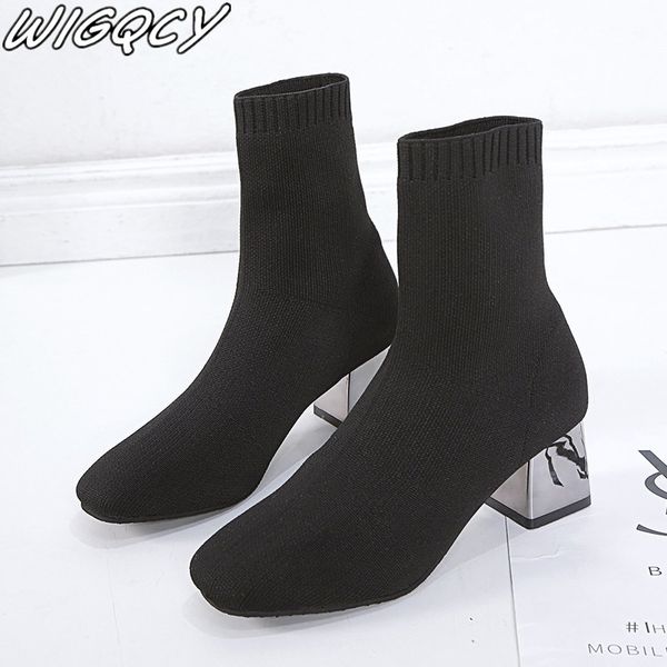 

2019 luxury women high heels boots knight ankle boots sock knitting stretch pointy shallow comfortable warm women's, Black