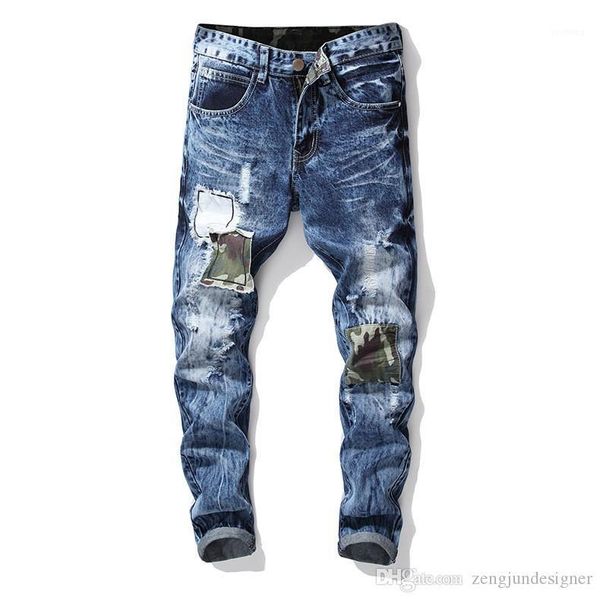 

hole jeans pants solid color camouflage print autumn homme clothing spring casual apparel mens fashion designer, Blue