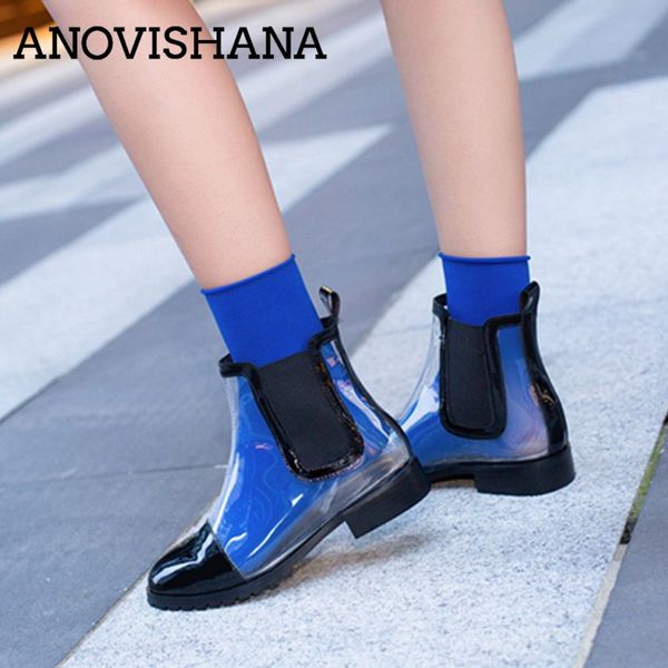 

anovishana womens transparent pvc ankle boots women flat heels clear shoes women short boots female botte femme size 44, Black