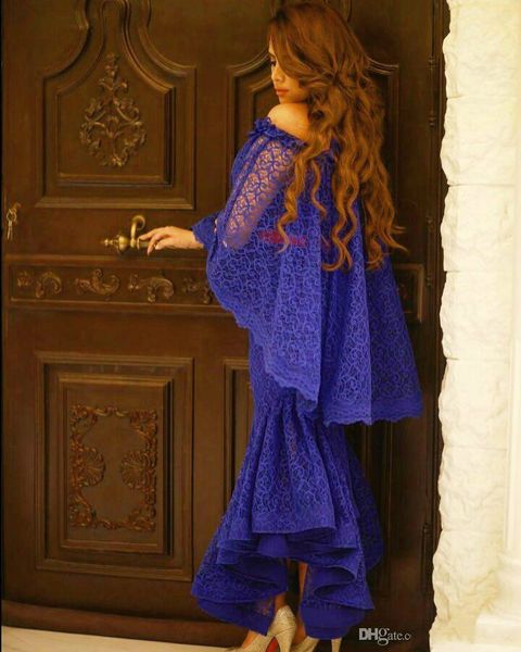 

elegant saudi arabia royal blue prom dresses off the shoulder ankle length lace formal evening gowns with cape sleeves plus size party dress, Black