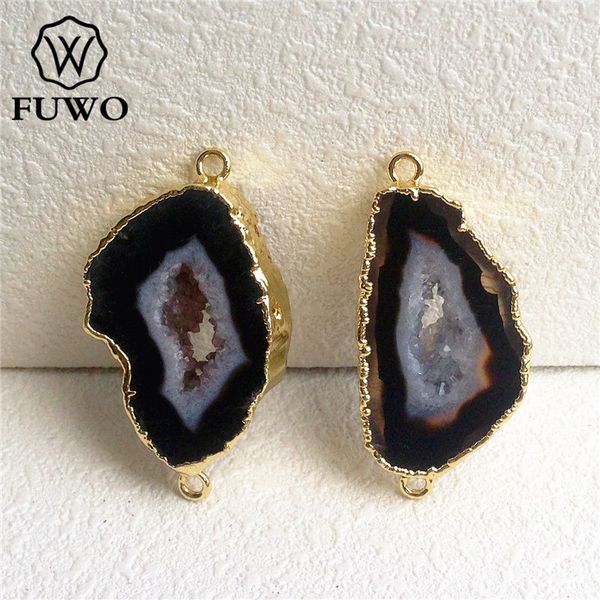 

fuwo natural black geode slice connector pendant 24k electroplated double loops crystal quartz jewelry making pd107, Silver