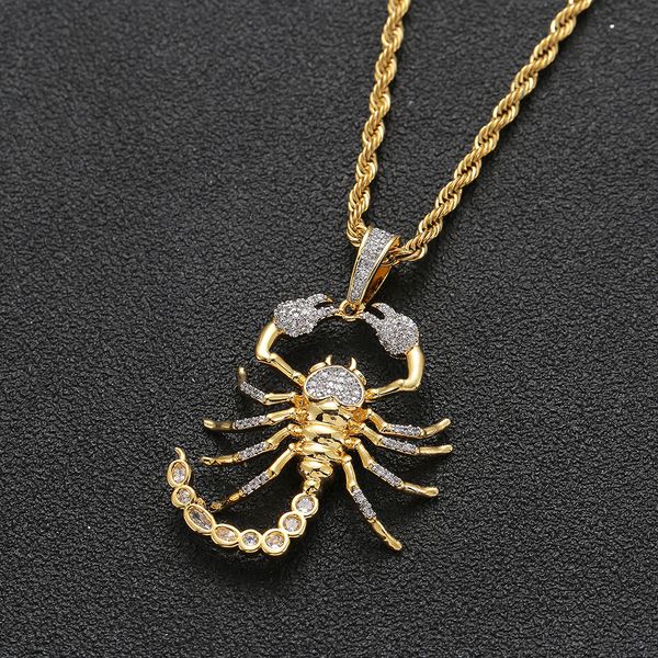 Подвеска в виде животного скорпиона для мужчин с веревочной цепочкой цвета: золото, серебро, блестящее ожерелье с кубическим цирконом, ювелирные изделия для подарка5481151