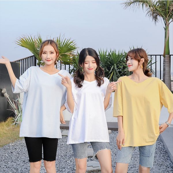 

positive and negative cotton loose slim female t-shirt solid color medium and long t-shirt oversize short sleeve top, White