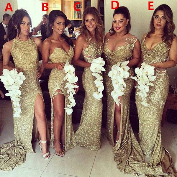 

Sparkly Bling Gold Sequined Mermaid Bridesmaid Dresses Backless Slit Plus Size Maid Of The Honor Gowns Wedding Party Dress