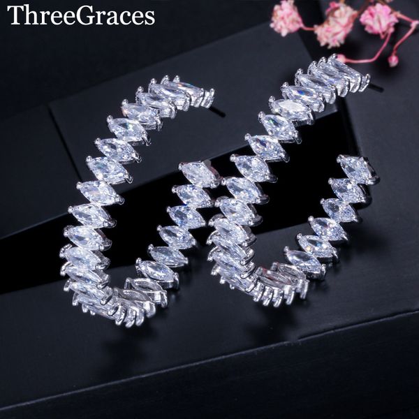 

threegraces unique design silver color big round hoop earrings sparkling cubic zirconia fashion earring jewelry for women er436, Golden