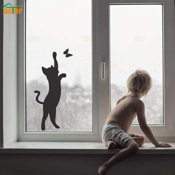 Lovely Cat Play Butterfly Wall Sticker Diy Animal Kitten Vinyl Decals Girls Bedroom Home Decor Cute Cat Children Living Room Bedroom Wall Stickers For