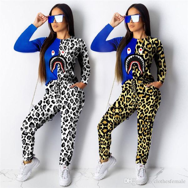 

мода женщины двухкусочных наборы акулы рот цвет matching костюм printed 2pcs брюки женщина сексуальная одежда, White