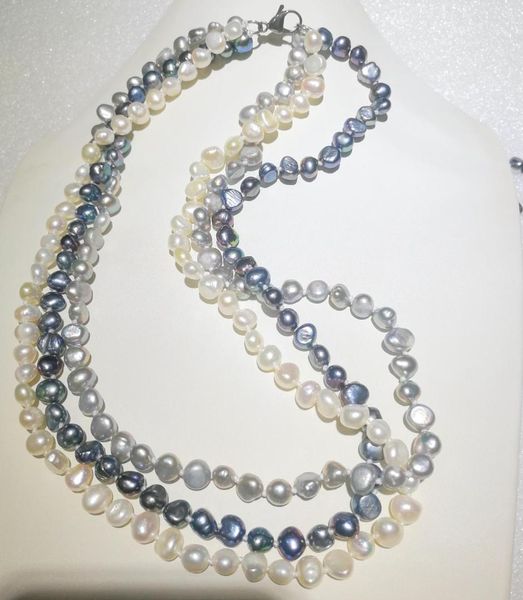 

6x7mm baroque pearl necklace 3 rows white gray black colors real natural freshwater pearl women jewelry 35cm-43cm 15-17, Silver