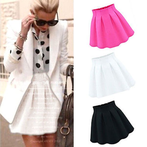 

summer lady stretch high waist plain pleated flared skater mini skirt size s-2xl, Black