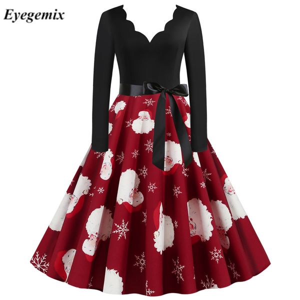

red big swing print vintage robe christmas dress women winter casual long sleeve v neck new year party dress plus size 3xl, Black;gray