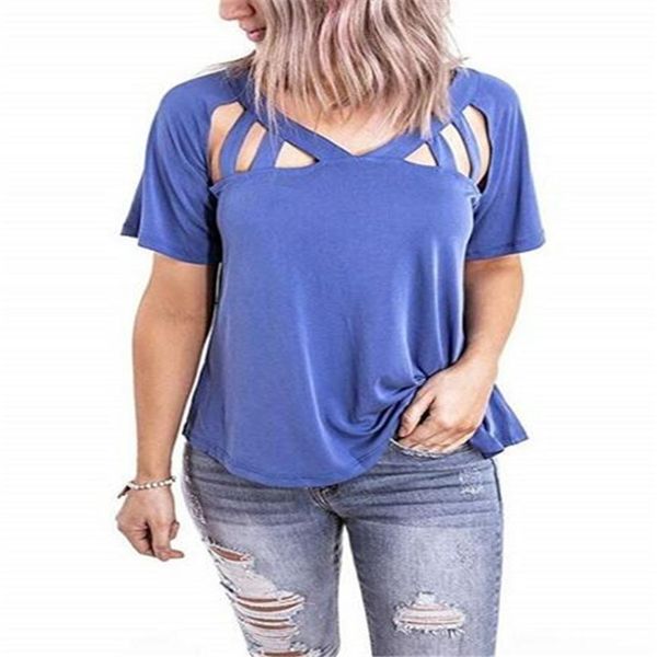 

2020 женские летние свободные v lead с коротким рукавом выдалбливают футболка мода повседневная одежда женский soild цвет топы тройник, White