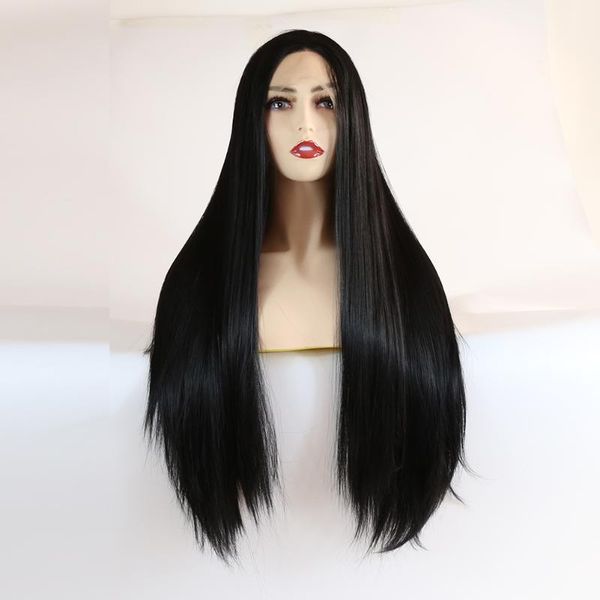 

zigzag black straight synthetic lace front wigs for women natural long glueless middle part heat resistant fiber hair cosplay