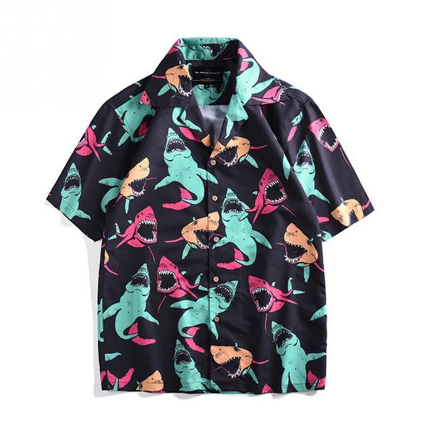 

fashion men casual summer short sleeve shirt printing turn-down collar beach shirt top, White;black