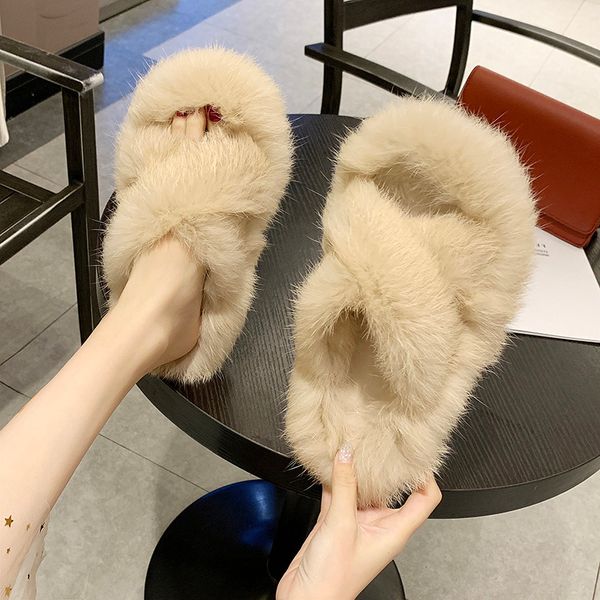 

hairy slippers female net red 2019 korean version of the fairy style summer new outer wear flat bottom, Black