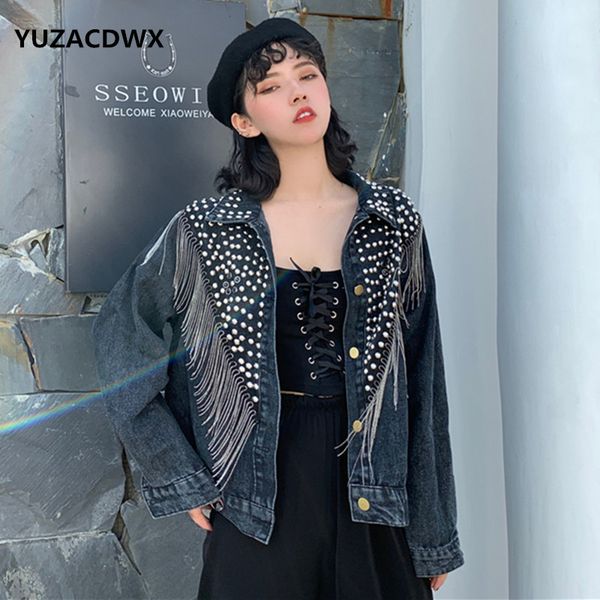 

women's jackets 2021 women autumn hand-studded rivet tassel chain short jeans coat woman's loose jacket fashion streetwear denim, Black;brown