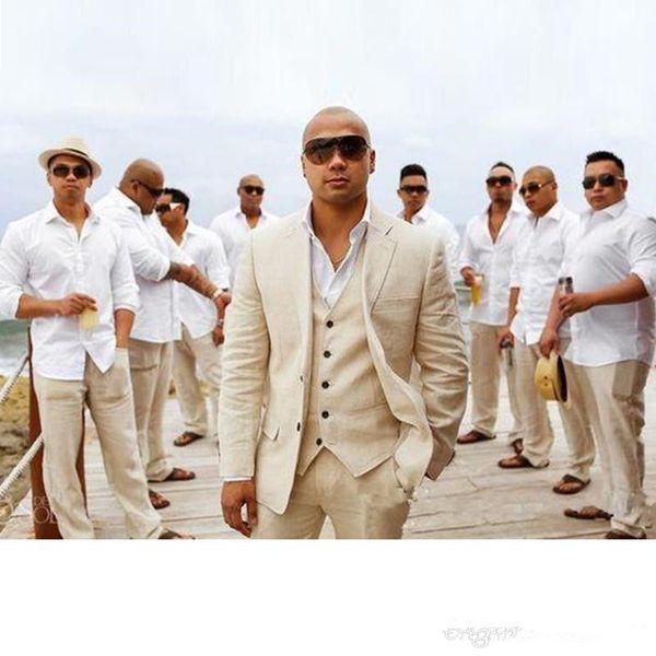 New Beige Linen Wedding Suits Beach Groom Tuxedos 3 Pieces Jacket Pants Vest Bridegroom Men Suits Best Man Blazer Custom Made 759