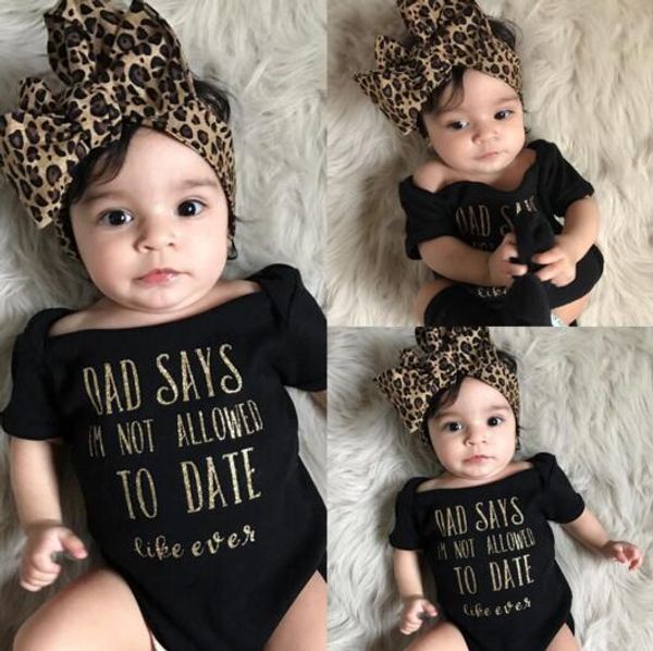 

trendy kids baby girls clothes off shoulder summer letter print short sleeve bodysuit leopard headband 2pc cotton casual set, White