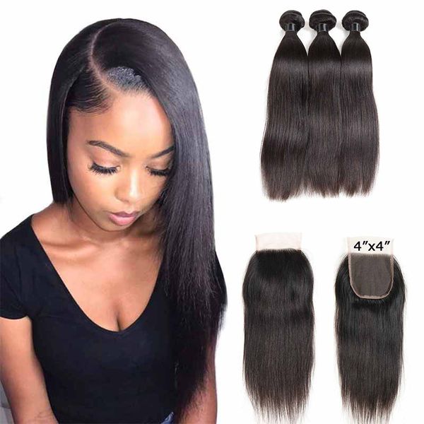 

brazilian straight hair 3 bundles with closure remy human hair bundles with 4x4 closure straight 3 bundles with lace closure, Black