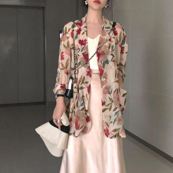 

new spring autumn vintage print blazers women casual loose long chiffon blazer single breasted thtin coa slim long sleeve jacket, White;black