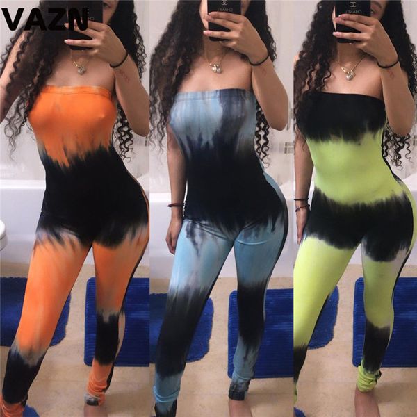 

vazn 2020 summer lady 3 colors long jumpsuit strapless print skinny springy jumpsuit lady high street jumpsuits, Black;white