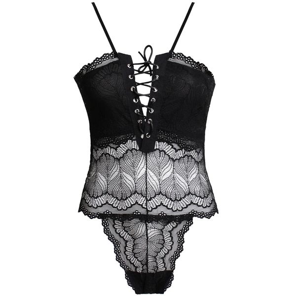 

siamese open suit set sling jumpsuit hollow pajamas transparent temptation lace, Red;black