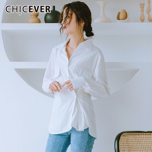 

chicever spring women shirt square collar long sleeve irrgular hem button pockets loose slim female blouse 2019 fashion new, White