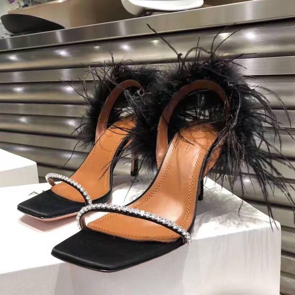 

perfect official quality amina muaddi suede adwoa sandal in black feather crysta women leather satin sandals shoes