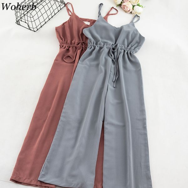 

women's jumpsuits & rompers woherb summer casual jumpsuit chiffon women 2021 fashion spaghetti strap bandage tank wide leg bodysuit 217, Black;white