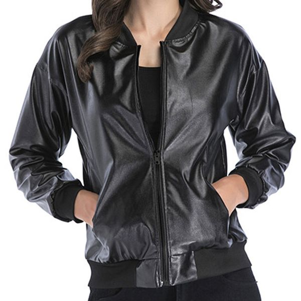 

new leather jacket in autumn and winter, short leather jacket for leisure women's locomotive, zipper vertical collar long sleeve pu wom, Black;brown